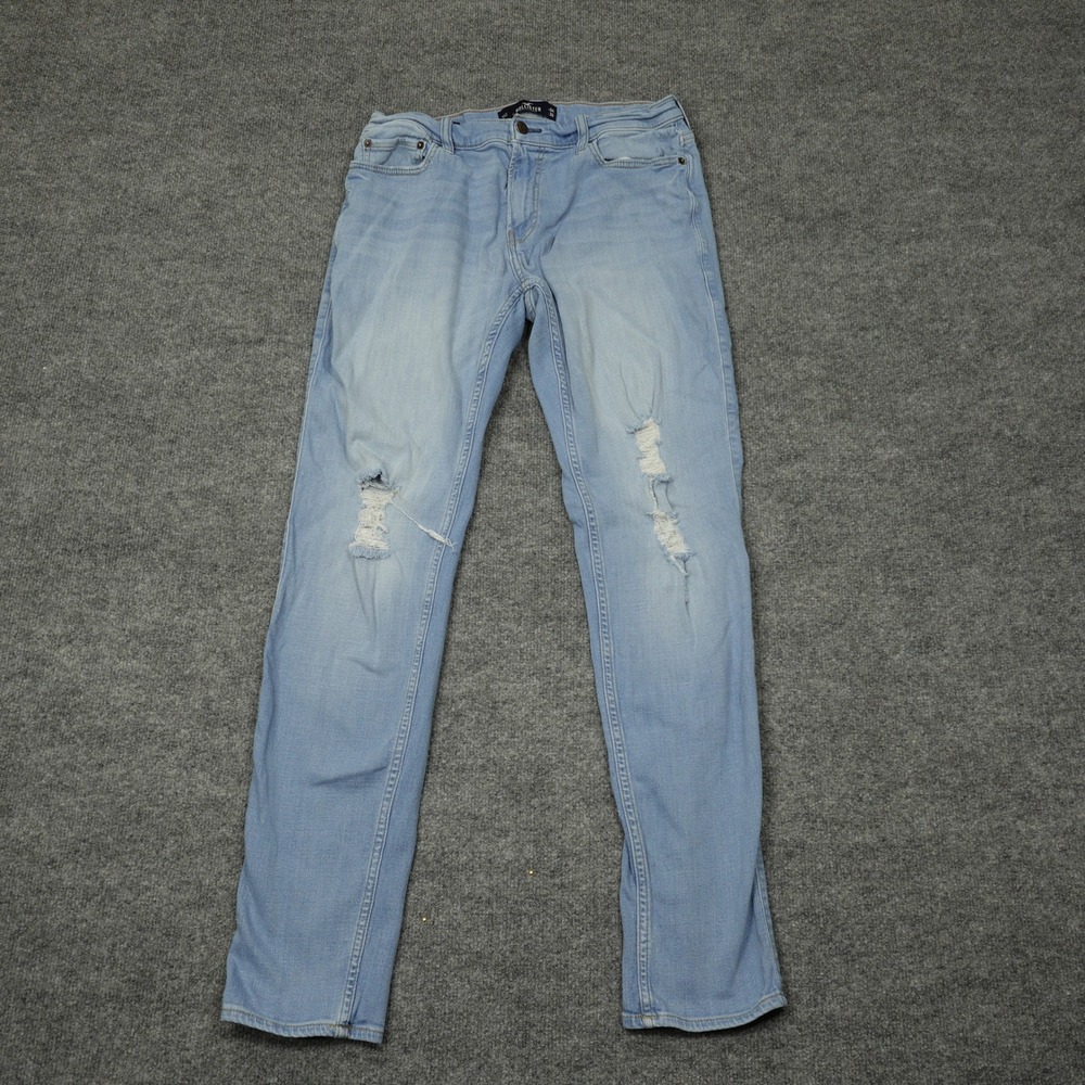 Hollister Jeans Mens 34x34 Light Blue Skinny Advanced Stretch Ripped Distressed
